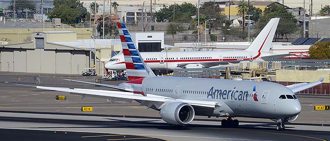 American Airlines' first Boeing 787-823 N800AN and Honeywell Boeing 757-225 N757HW, Phoenix Sky Harbor, March 7, 2015
